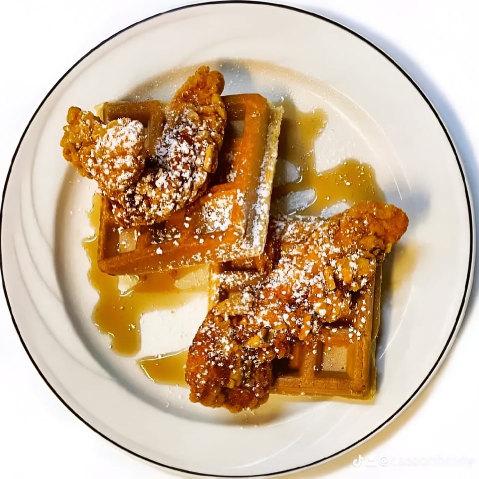 Chicken and waffles drizzled with syrup and powdered sugar on a white plate.