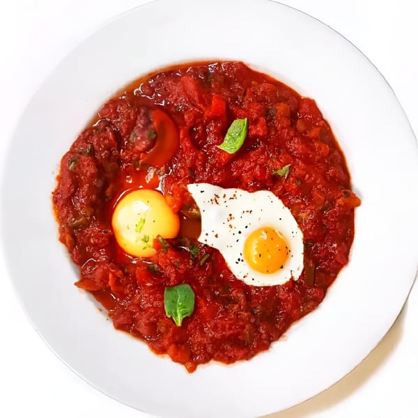 A white plate holds a vibrant red shakshuka with two perfectly cooked eggs and fresh basil.